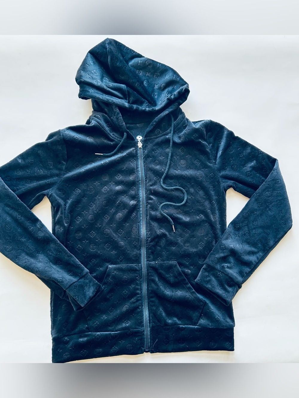 BLACK Monogram Velour Zip-Up Hoodie size S/M
